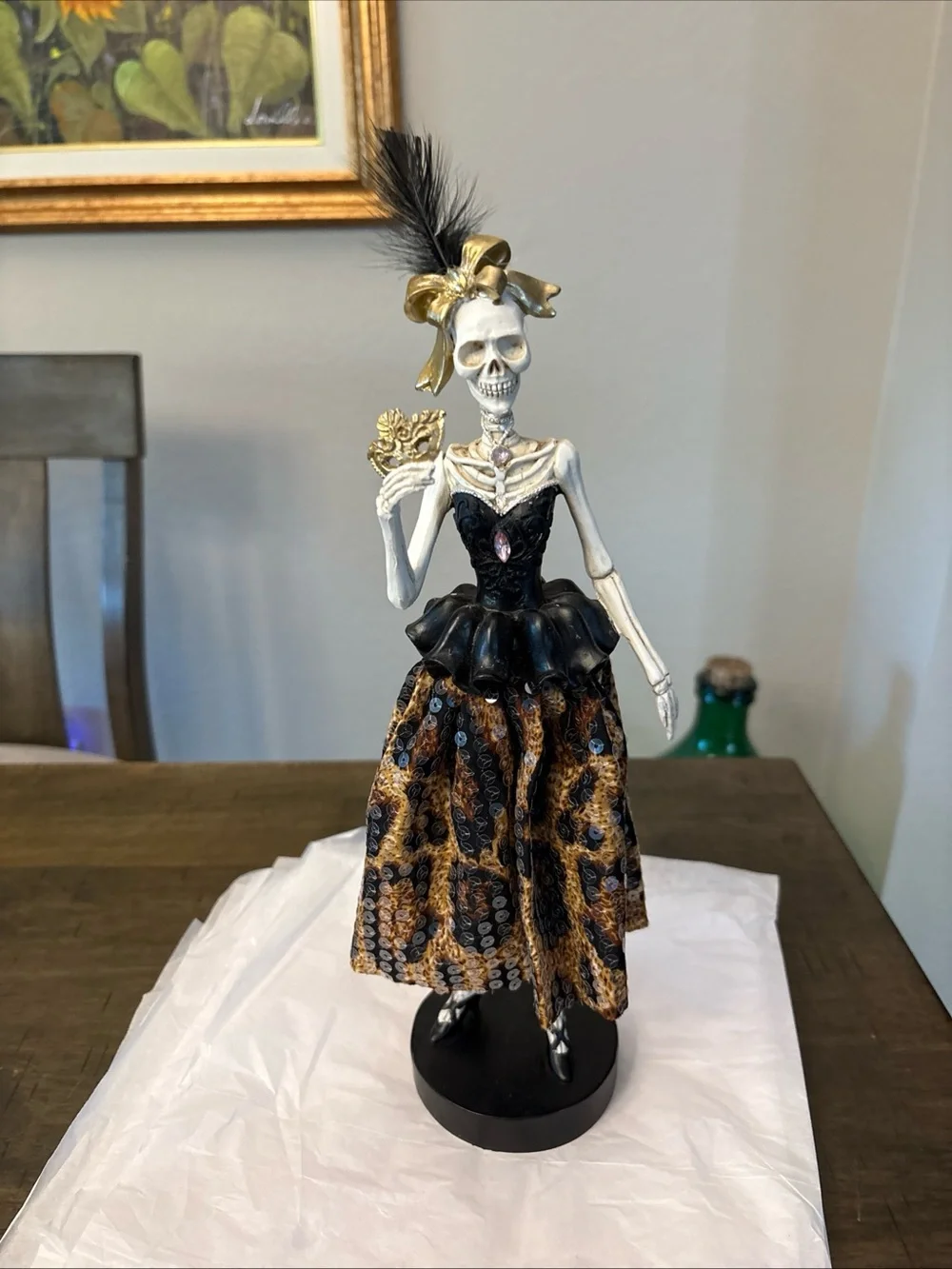 Bella Lux Halloween Skeleton Bow Mask Lady Figurine Leopard Sequin Dress